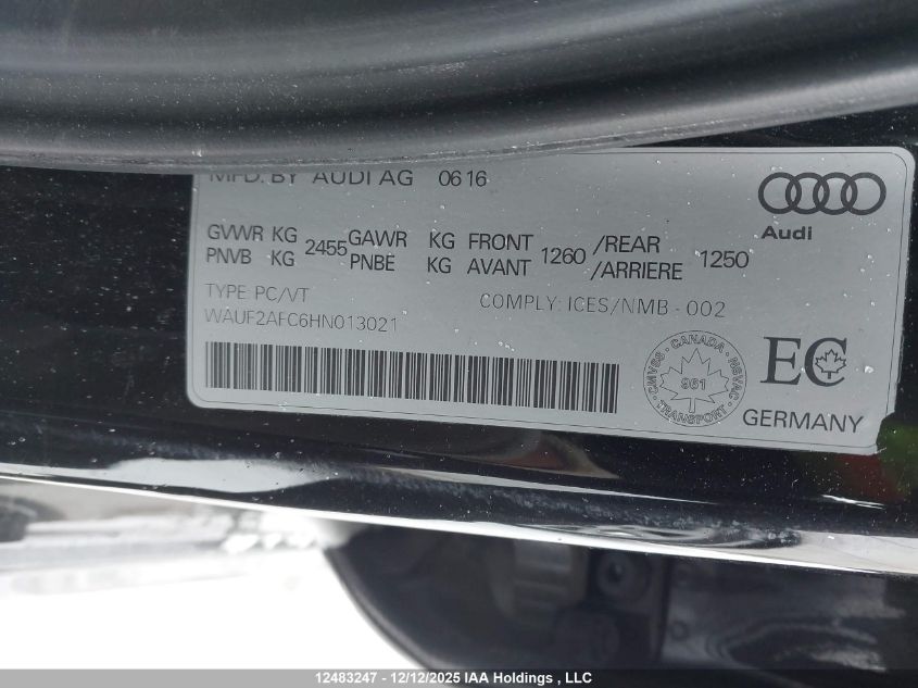 2017 Audi A6 3.0T Progressiv VIN: WAUF2AFC6HN013021 Lot: 12483247