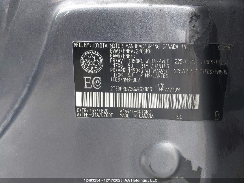 2016 Toyota Rav4 Le VIN: 2T3BFREV2GW467880 Lot: 12483254