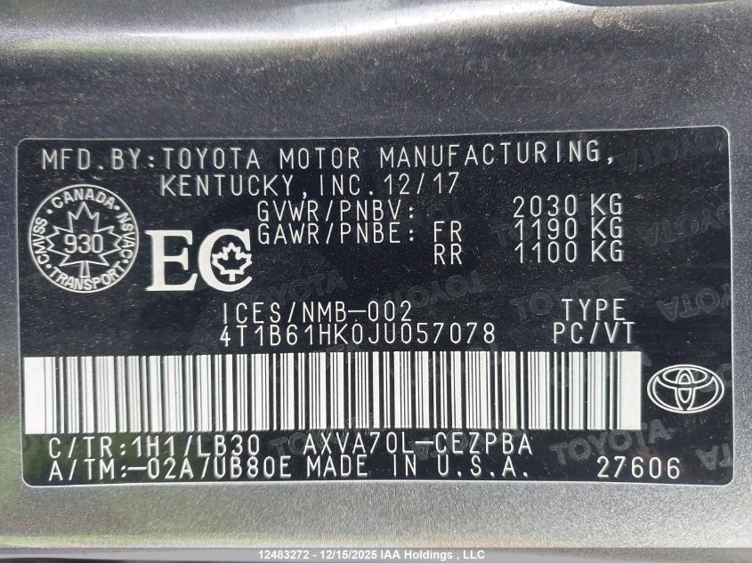 2018 Toyota Camry VIN: 4T1B61HK0JU057078 Lot: 12483272