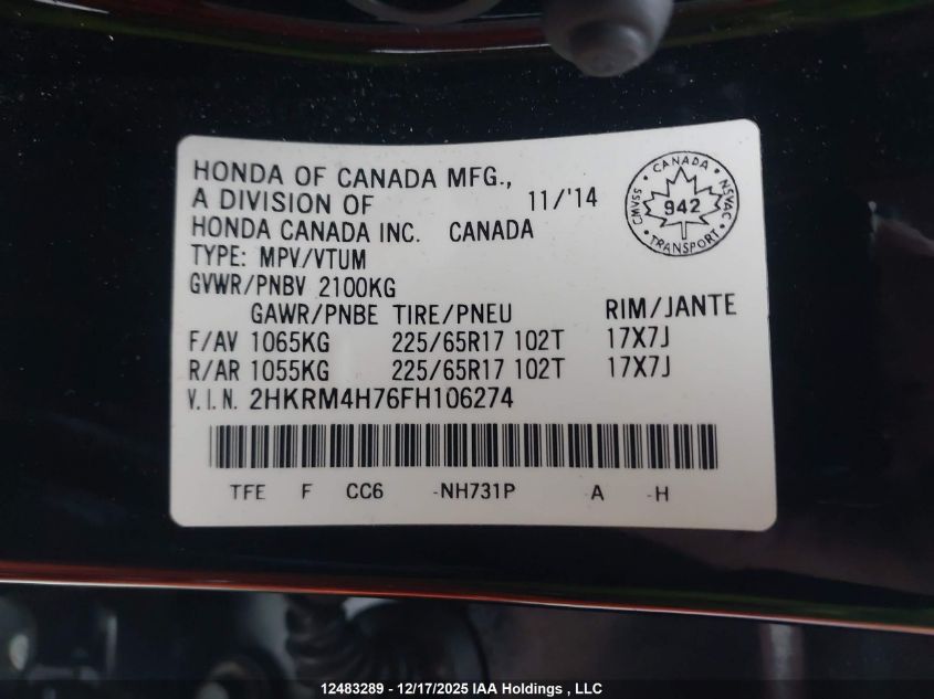 2015 Honda Cr-V Ex-L VIN: 2HKRM4H76FH106274 Lot: 12483289