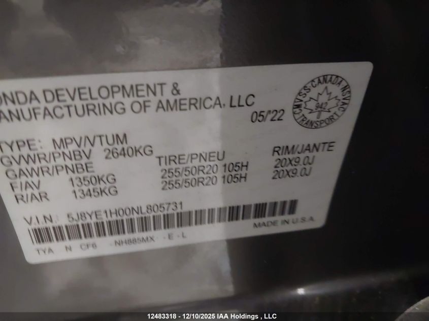 2022 Acura Mdx A-Spec VIN: 5J8YE1H00NL805731 Lot: 12483318