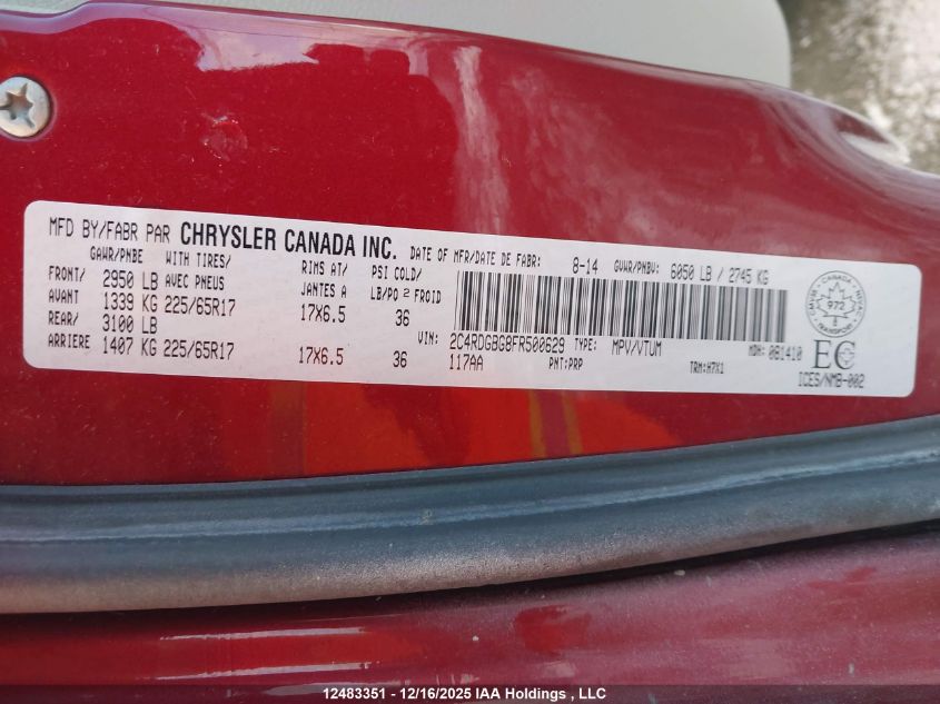 2015 Dodge Grand Caravan Se/Sxt VIN: 2C4RDGBG8FR500629 Lot: 12483351