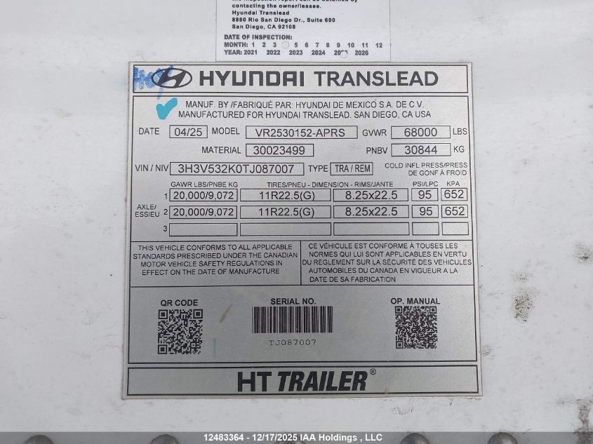 2026 Hyundai Translead Inc Hyundai Translead Inc VIN: 3H3V532K0TJ087007 Lot: 12483364