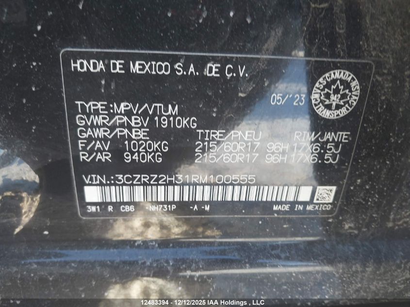 2024 Honda Hr-V Lx-B VIN: 3CZRZ2H31RM100555 Lot: 12483394