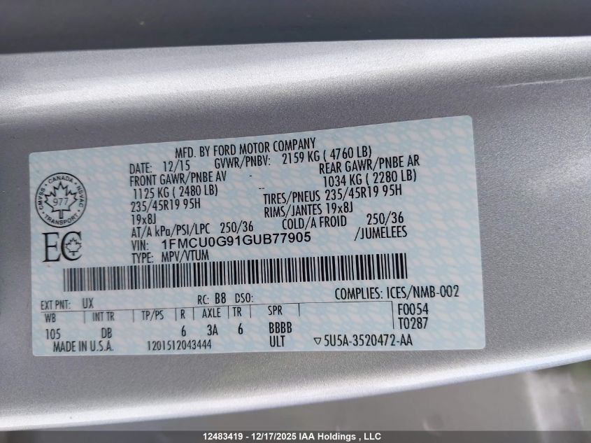 2016 Ford Escape Se VIN: 1FMCU0G91GUB77905 Lot: 12483419