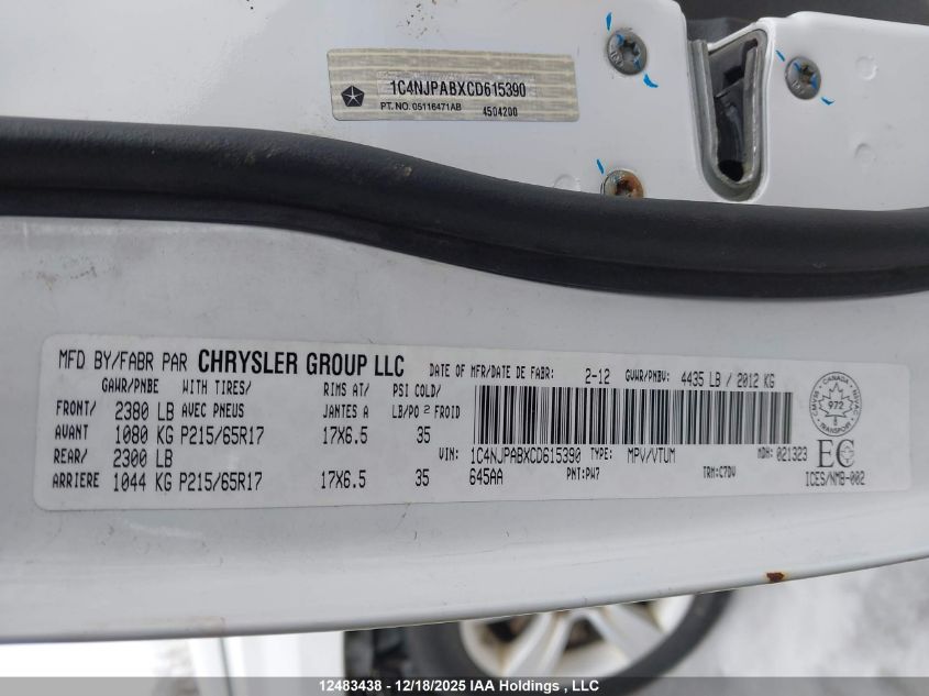 2012 Jeep Patriot Sport/North VIN: 1C4NJPABXCD615390 Lot: 12483438