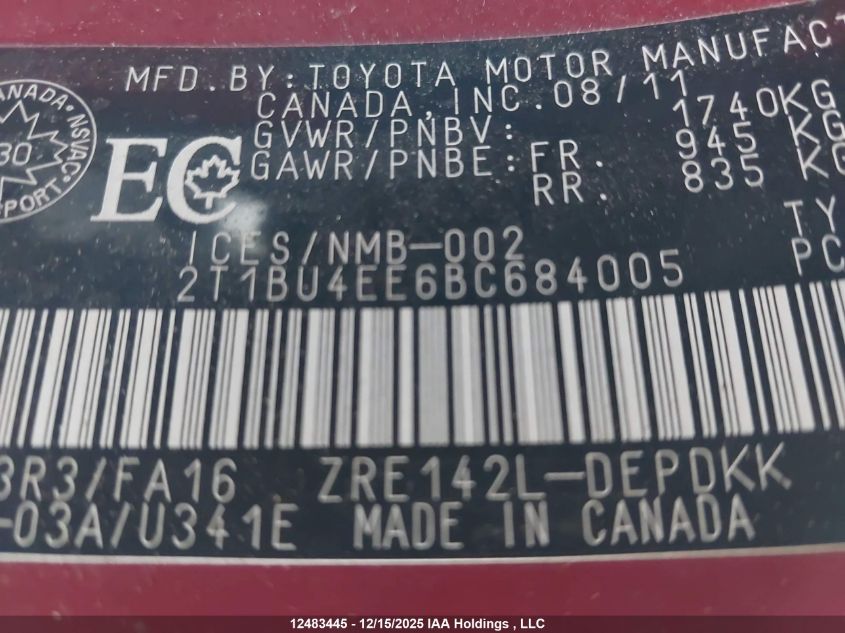 2011 Toyota Corolla VIN: 2T1BU4EE6BC684005 Lot: 12483445