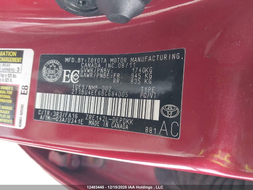 2011 Toyota Corolla VIN: 2T1BU4EE6BC684005 Lot: 12483445