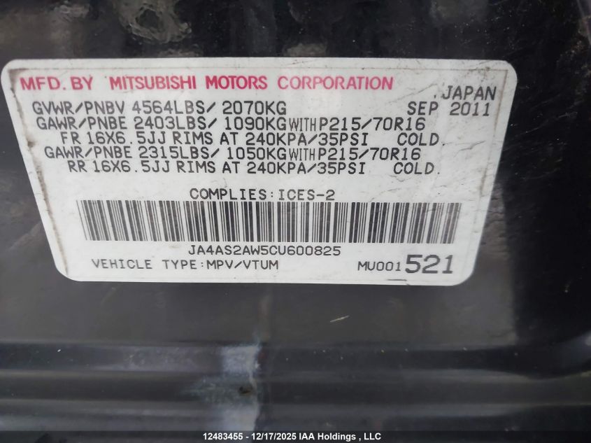 2012 Mitsubishi Outlander Es VIN: JA4AS2AW5CU600825 Lot: 12483455