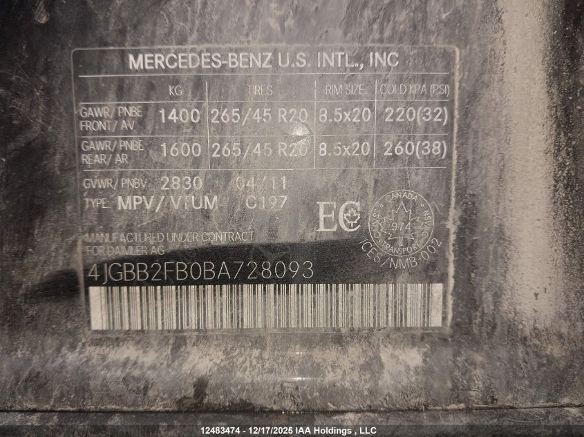 2011 Mercedes-Benz Ml 350 Bluetec 4Matic VIN: 4JGBB2FB0BA728093 Lot: 12483474