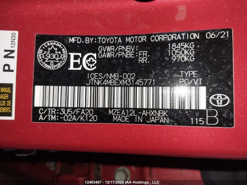 2021 Toyota Corolla VIN: JTNK4MBEXM3145771 Lot: 12483487