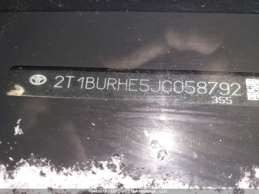 2018 Toyota Corolla Se VIN: 2T1BURHE5JC058792 Lot: 12483513