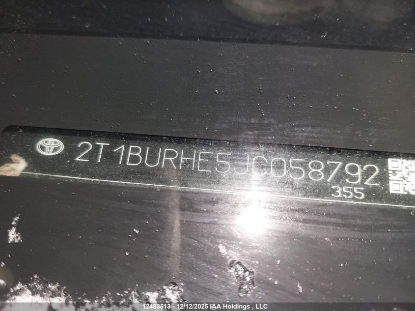 2018 Toyota Corolla Se VIN: 2T1BURHE5JC058792 Lot: 12483513