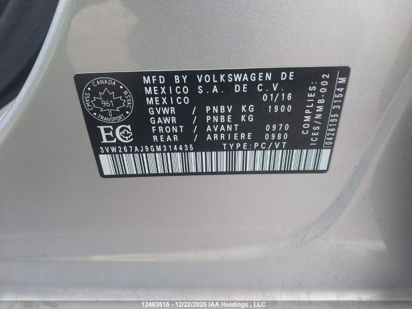 2016 Volkswagen Jetta S VIN: 3VW267AJ9GM314435 Lot: 12483515