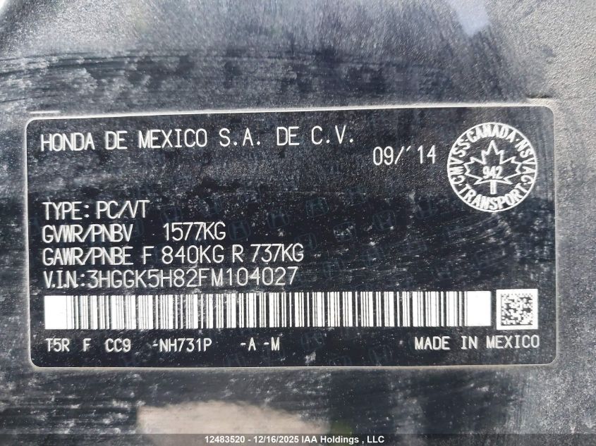2015 Honda Fit Ex/Exl VIN: 3HGGK5H82FM104027 Lot: 12483520
