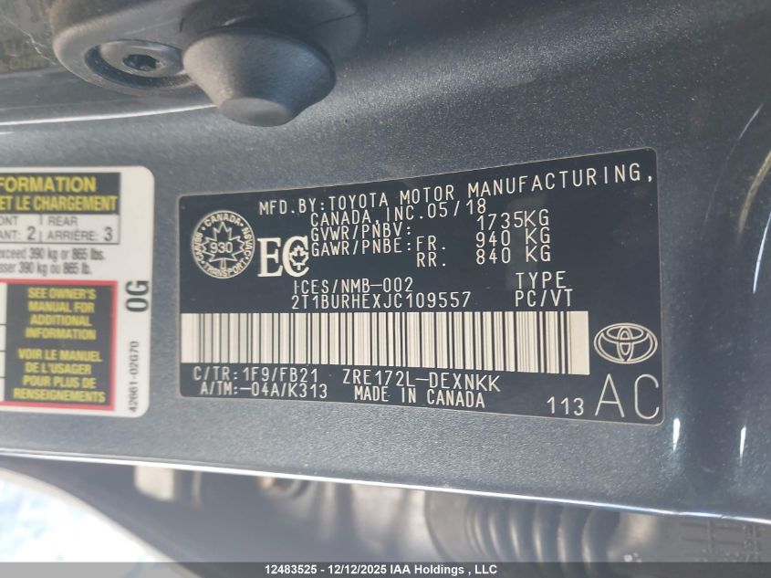 2018 Toyota Corolla L/Le/Xle/Se/Xse VIN: 2T1BURHEXJC109557 Lot: 12483525