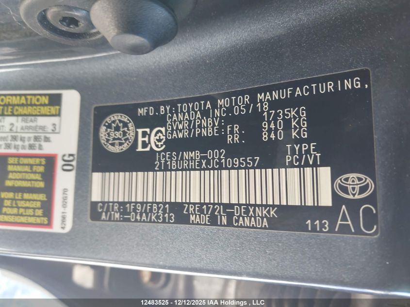 2018 Toyota Corolla L/Le/Xle/Se/Xse VIN: 2T1BURHEXJC109557 Lot: 12483525