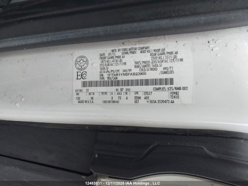 2015 Ford Transit T-250 VIN: 1FTNR1YM5FKB23900 Lot: 12483531