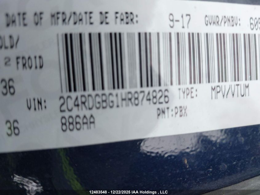 2017 Dodge Grand Caravan Cvp/Sxt VIN: 2C4RDGBG1HR874826 Lot: 12483548