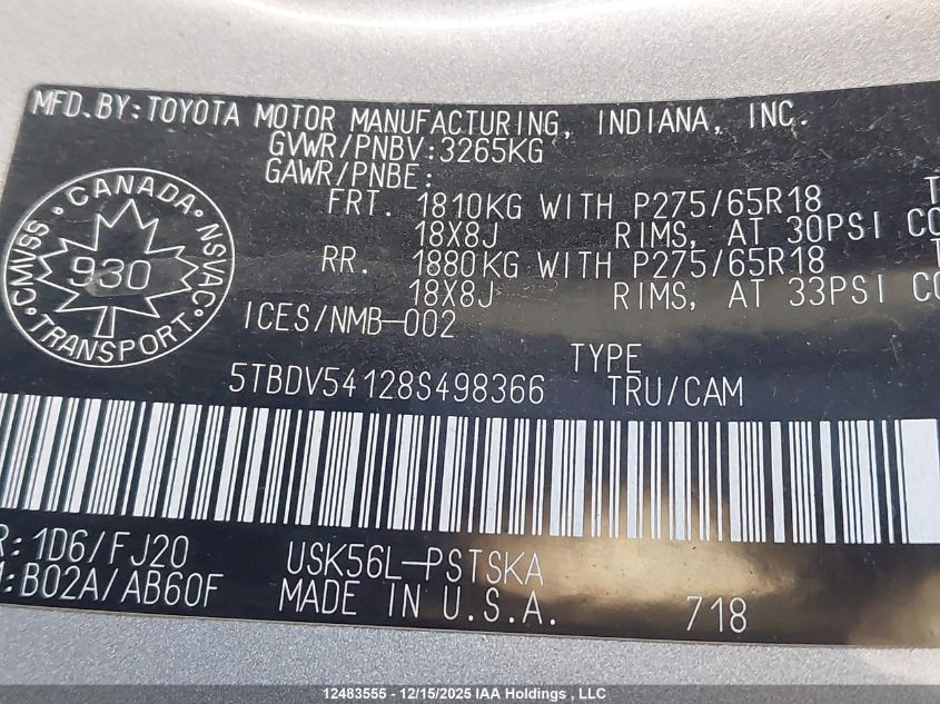 2008 Toyota Tundra Sr5 5.7L V8 VIN: 5TBDV54128S498366 Lot: 12483555