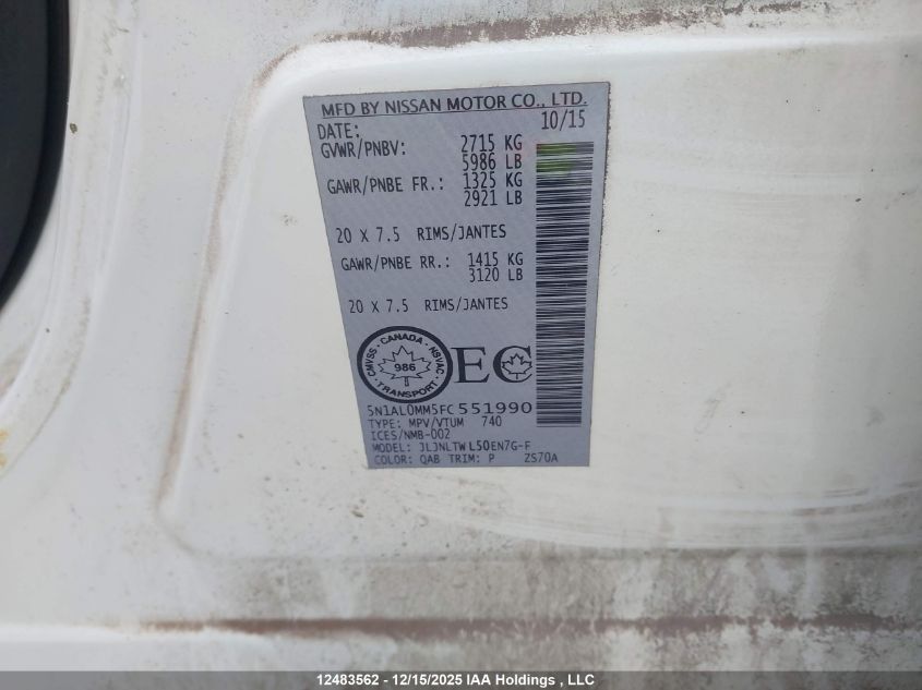 2015 Infiniti Qx60 VIN: 5N1AL0MM5FC551990 Lot: 12483562