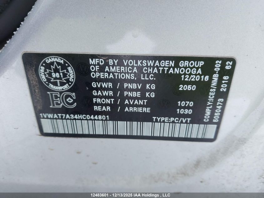 2017 Volkswagen Passat S VIN: 1VWAT7A34HC044801 Lot: 12483601