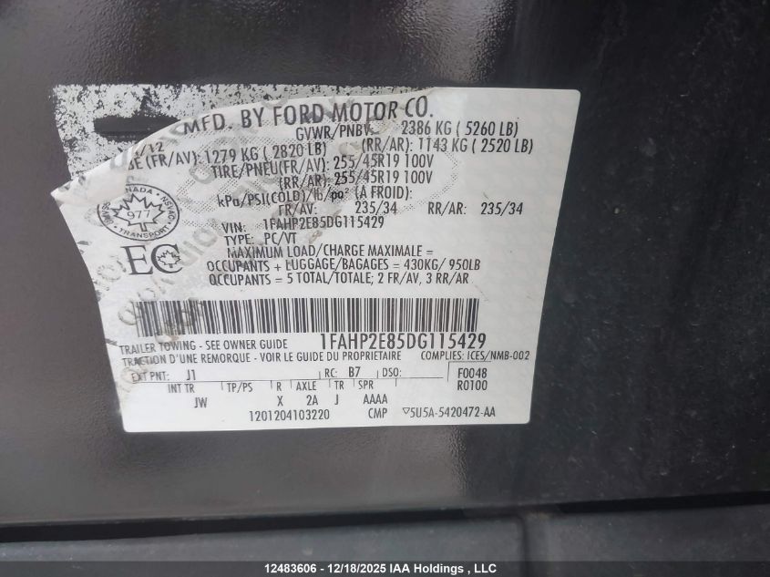 2013 Ford Taurus Sel VIN: 1FAHP2E85DG115429 Lot: 12483606