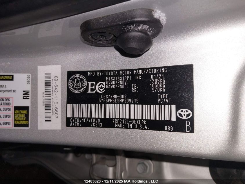 2021 Toyota Corolla Le VIN: 5YFBPMBE9MP209219 Lot: 12483623