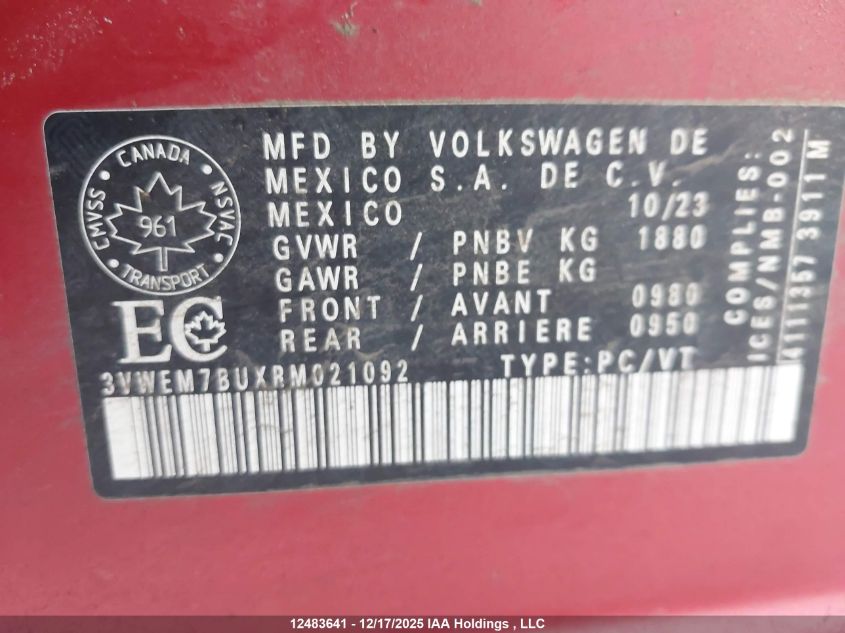 2024 Volkswagen Jetta Comfortline VIN: 3VWEM7BUXRM021092 Lot: 12483641