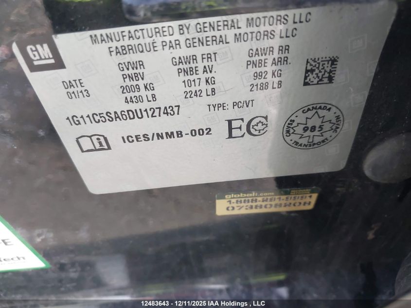 2013 Chevrolet Malibu 1Lt VIN: 1G11C5SA6DU127437 Lot: 12483643