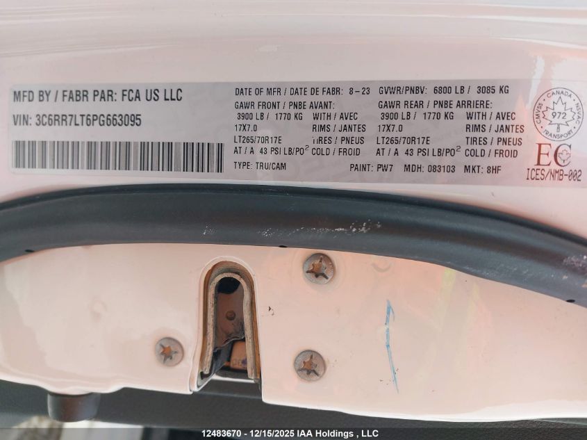 2023 Ram 1500 Classic Slt VIN: 3C6RR7LT6PG663095 Lot: 12483670