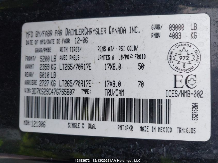 2007 Dodge Ram 2500 Laramie VIN: 3D7KS29C47G765607 Lot: 12483672