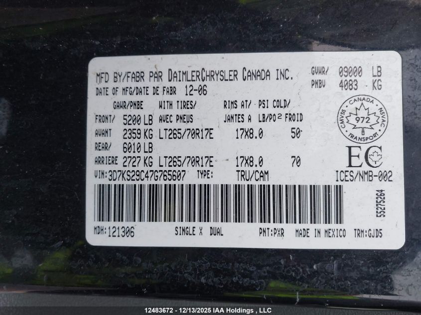 2007 Dodge Ram 2500 Laramie VIN: 3D7KS29C47G765607 Lot: 12483672