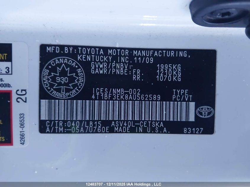 2010 Toyota Camry Se/Le/Xle VIN: 4T1BF3EK8AU562589 Lot: 12483707