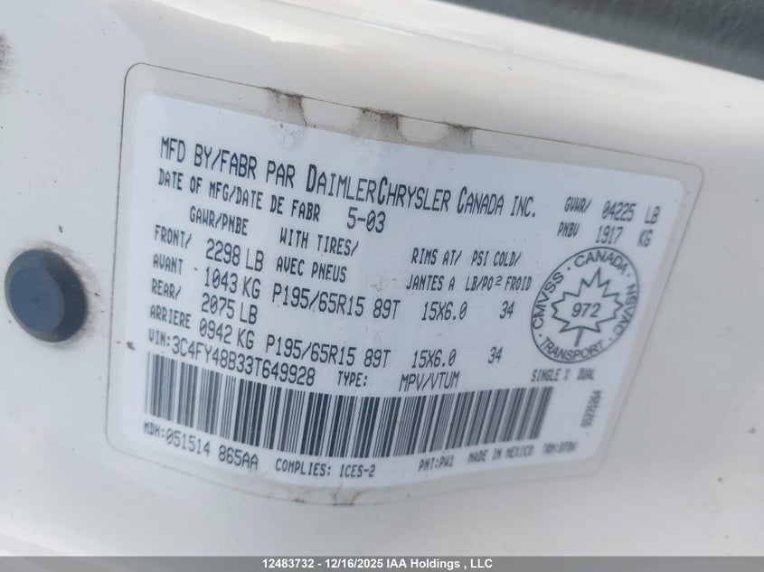 3C4FY48B33T649928 2003 CHRYSLER PT CRUISER photo no. 9