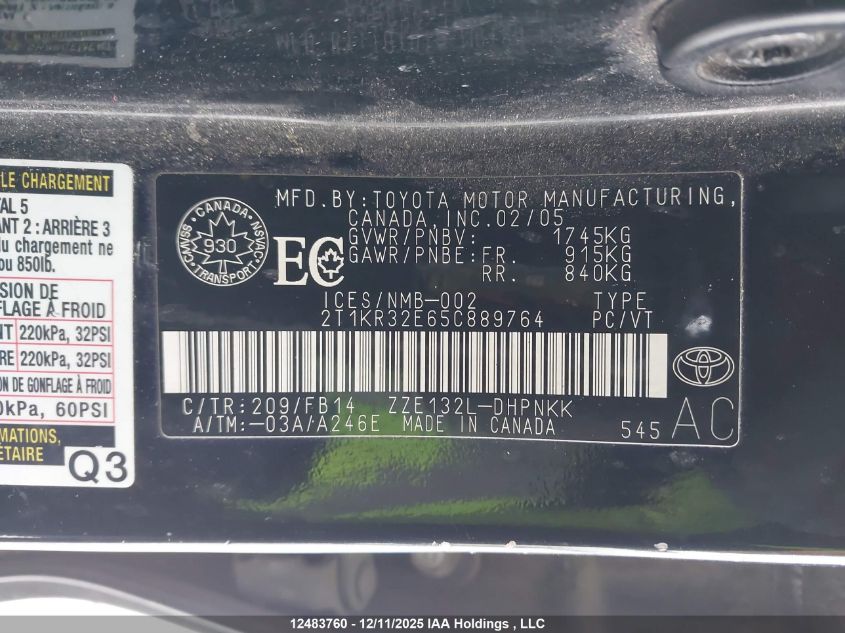 2005 Toyota Matrix Xr VIN: 2T1KR32E65C889764 Lot: 12483760