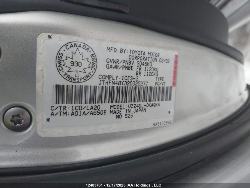 2002 Lexus Sc 430 VIN: JTHFN48Y320025277 Lot: 12483781