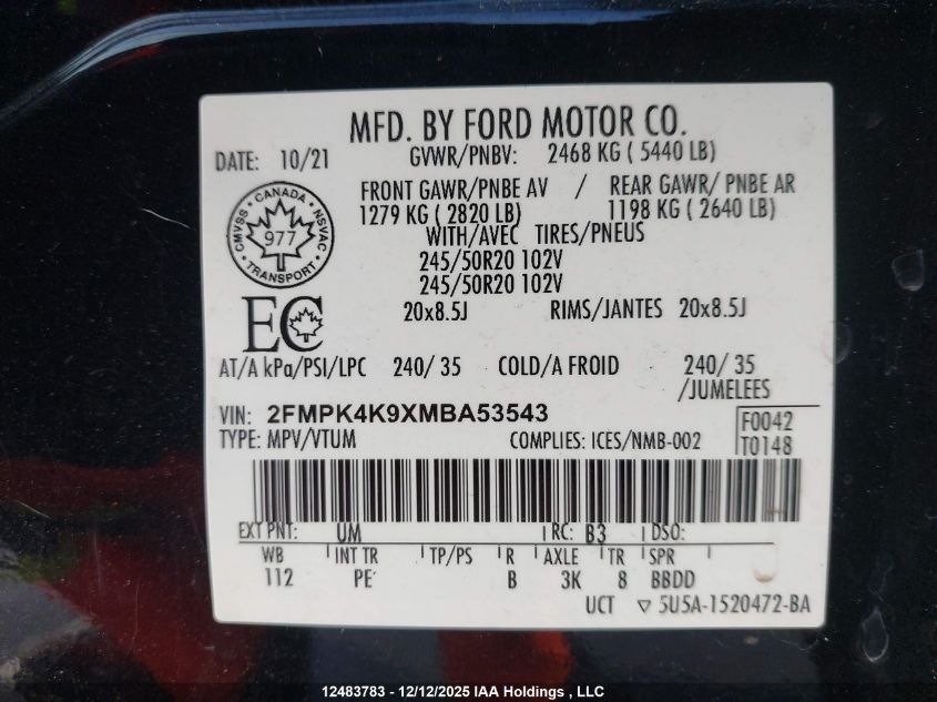 2021 Ford Edge Titanium VIN: 2FMPK4K9XMBA53543 Lot: 12483783