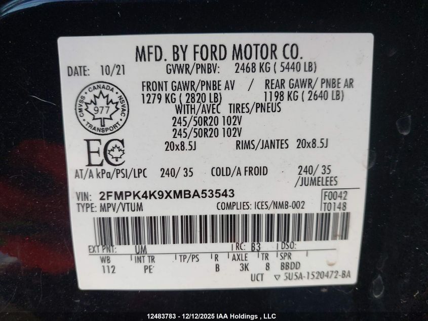 2021 Ford Edge Titanium VIN: 2FMPK4K9XMBA53543 Lot: 12483783