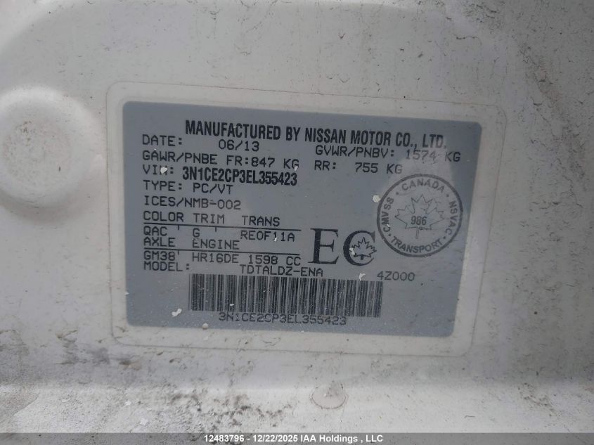 2014 Nissan Versa Note 1.6 S/1.6 Sl/1.6 Sv VIN: 3N1CE2CP3EL355423 Lot: 12483796