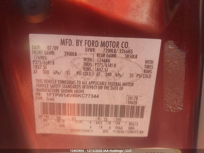 2009 Ford F-150 Fx4/King Ranch/Lariat/Platinum Package/Xlt VIN: 1FTPW14V89KC77344 Lot: 12483804