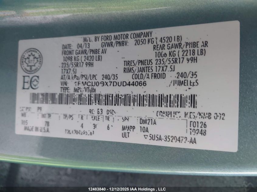 2013 Ford Escape Se VIN: 1FMCU0GX7DUD44066 Lot: 12483840