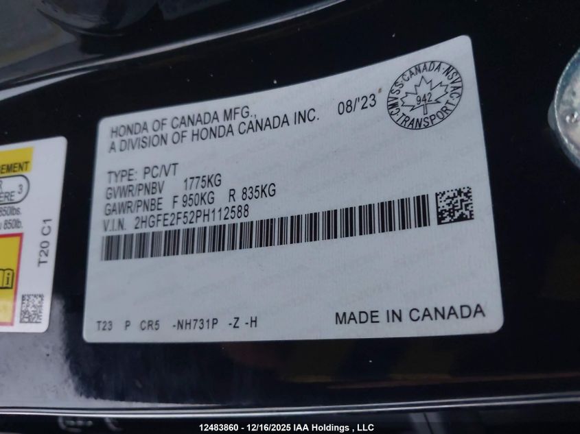 2023 Honda Civic VIN: 2HGFE2F52PH112588 Lot: 12483860