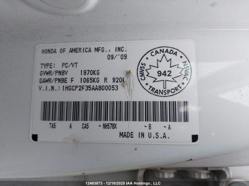 2010 Honda Accord Lx VIN: 1HGCP2F35AA800053 Lot: 12483873