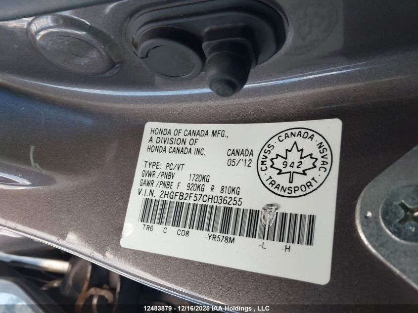 2012 Honda Civic Ex 4Dr VIN: 2HGFB2F57CH036255 Lot: 12483879