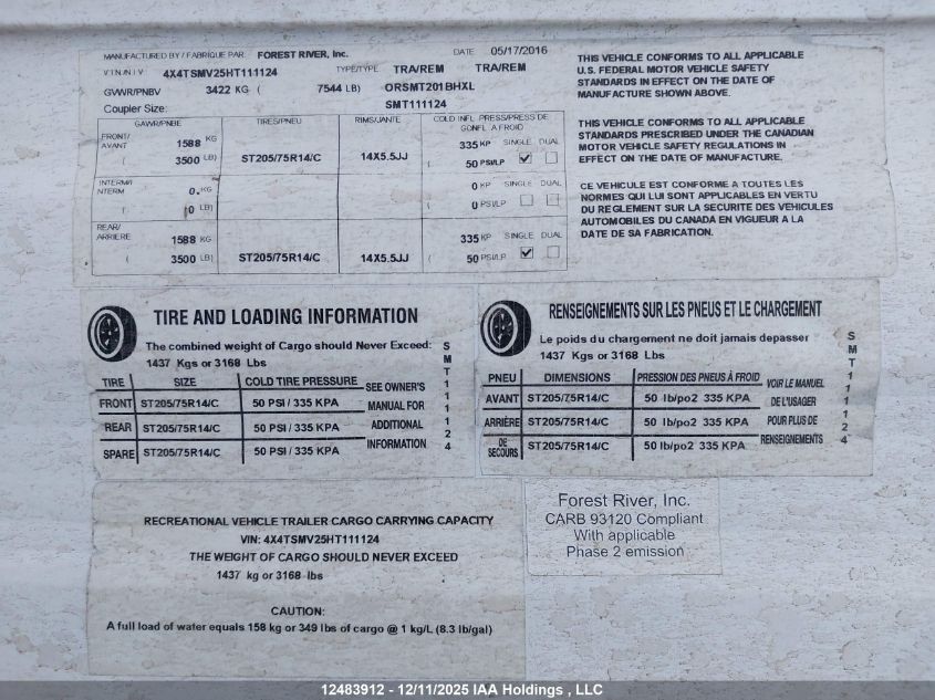 2017 Forest River Forest River 368 Rlbh VIN: 4X4TSMV25HT111124 Lot: 12483912