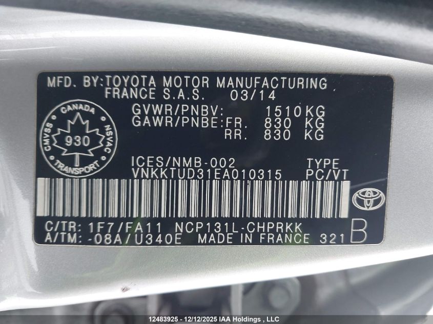 2014 Toyota Yaris Le VIN: VNKKTUD31EA010315 Lot: 12483925