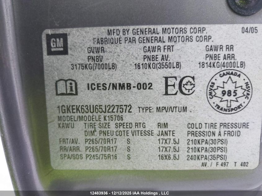 2005 GMC Yukon Denali Denali VIN: 1GKEK63U65J227572 Lot: 12483936