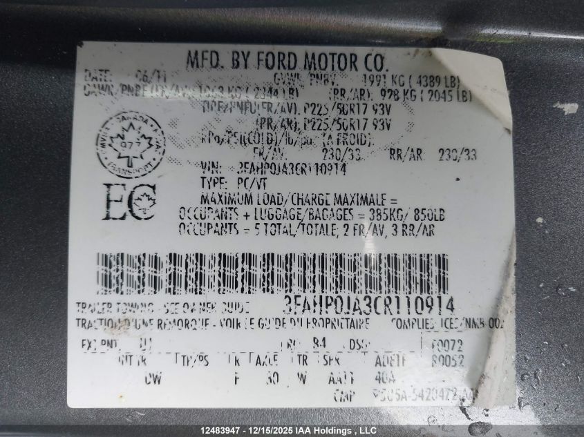 2012 Ford Fusion Sel VIN: 3FAHP0JA3CR110914 Lot: 12483947