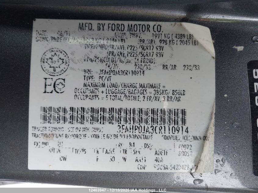 2012 Ford Fusion Sel VIN: 3FAHP0JA3CR110914 Lot: 12483947